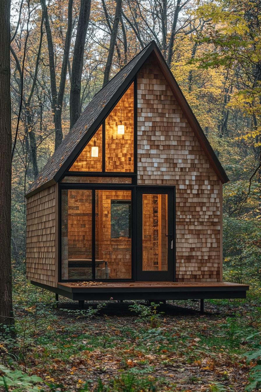 Tiny A-frame cabin nestled in a forest