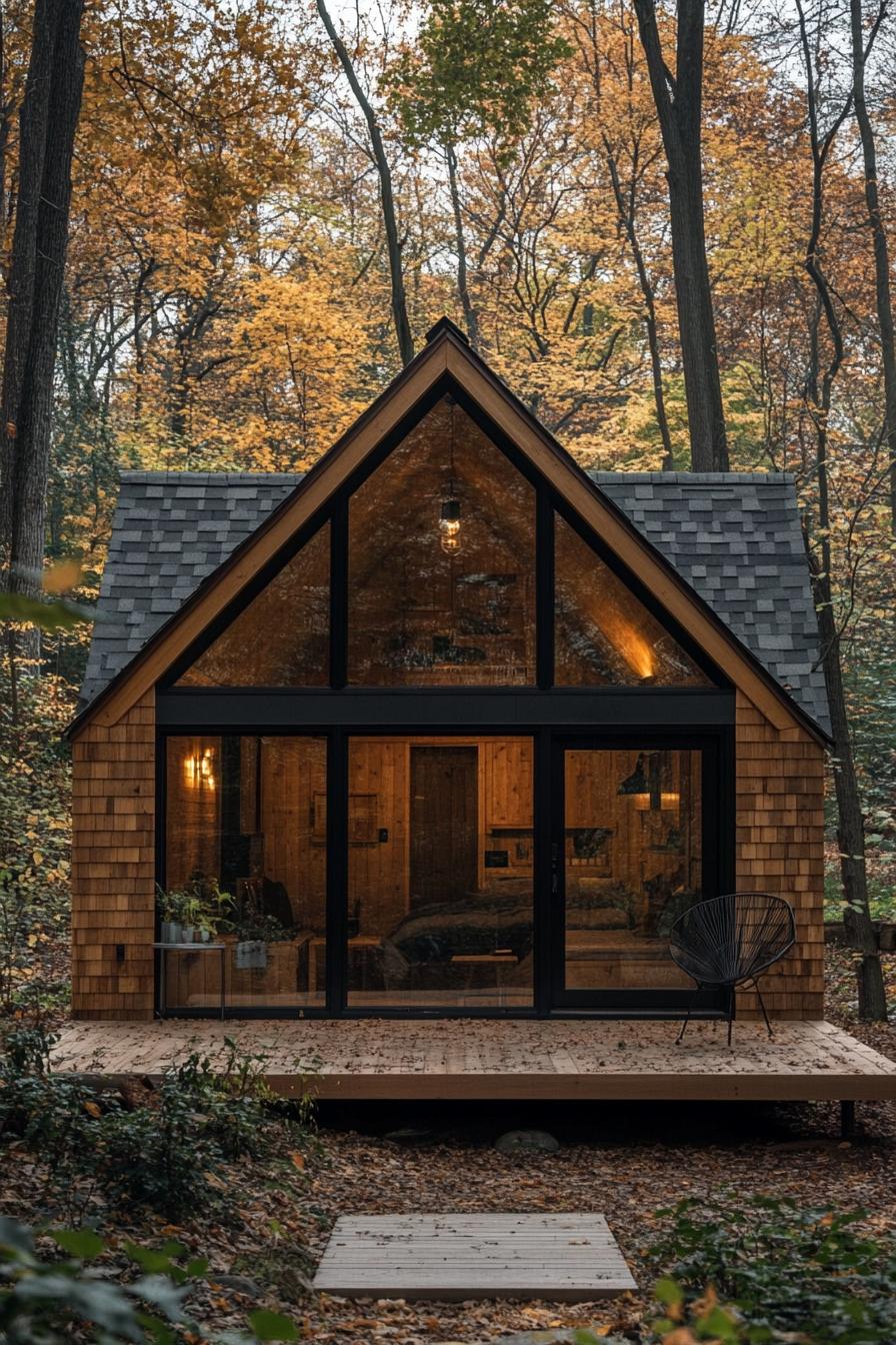 A-frame cabin with glass front surrounded by fall foliage