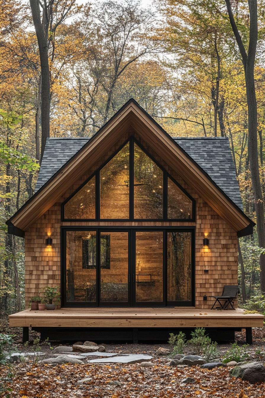 Compact wooden cabin with a glass front surrounded by trees