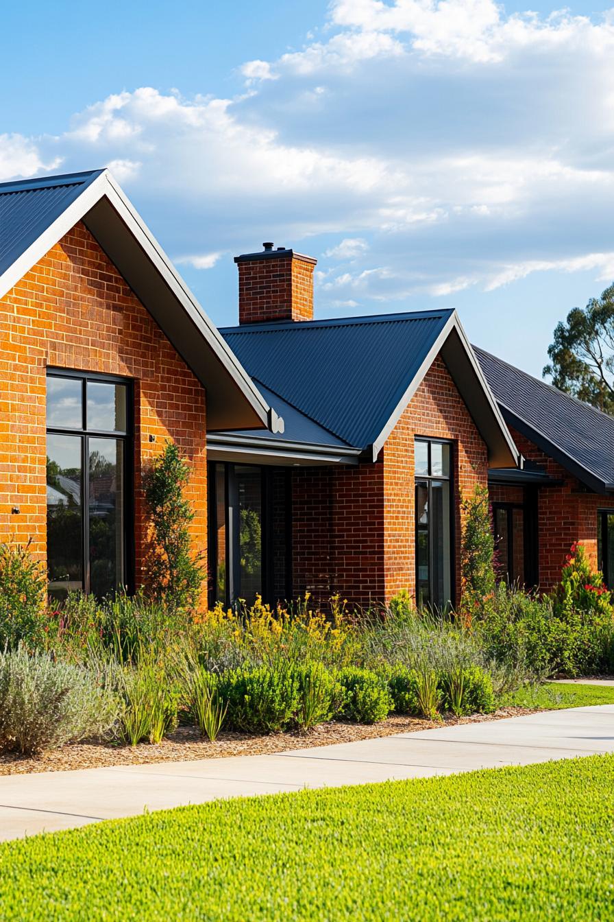 red brick village house with gabled roof large modern windows concrete paved front yard with lawn and native shrubs 1