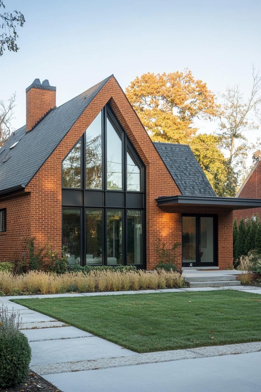 red brick village house with gabled roof large modern windows concrete paved front yard with lawn and native shrubs 2