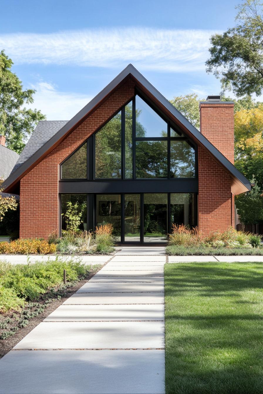 red brick village house with gabled roof large modern windows concrete paved front yard with lawn and native shrubs 3