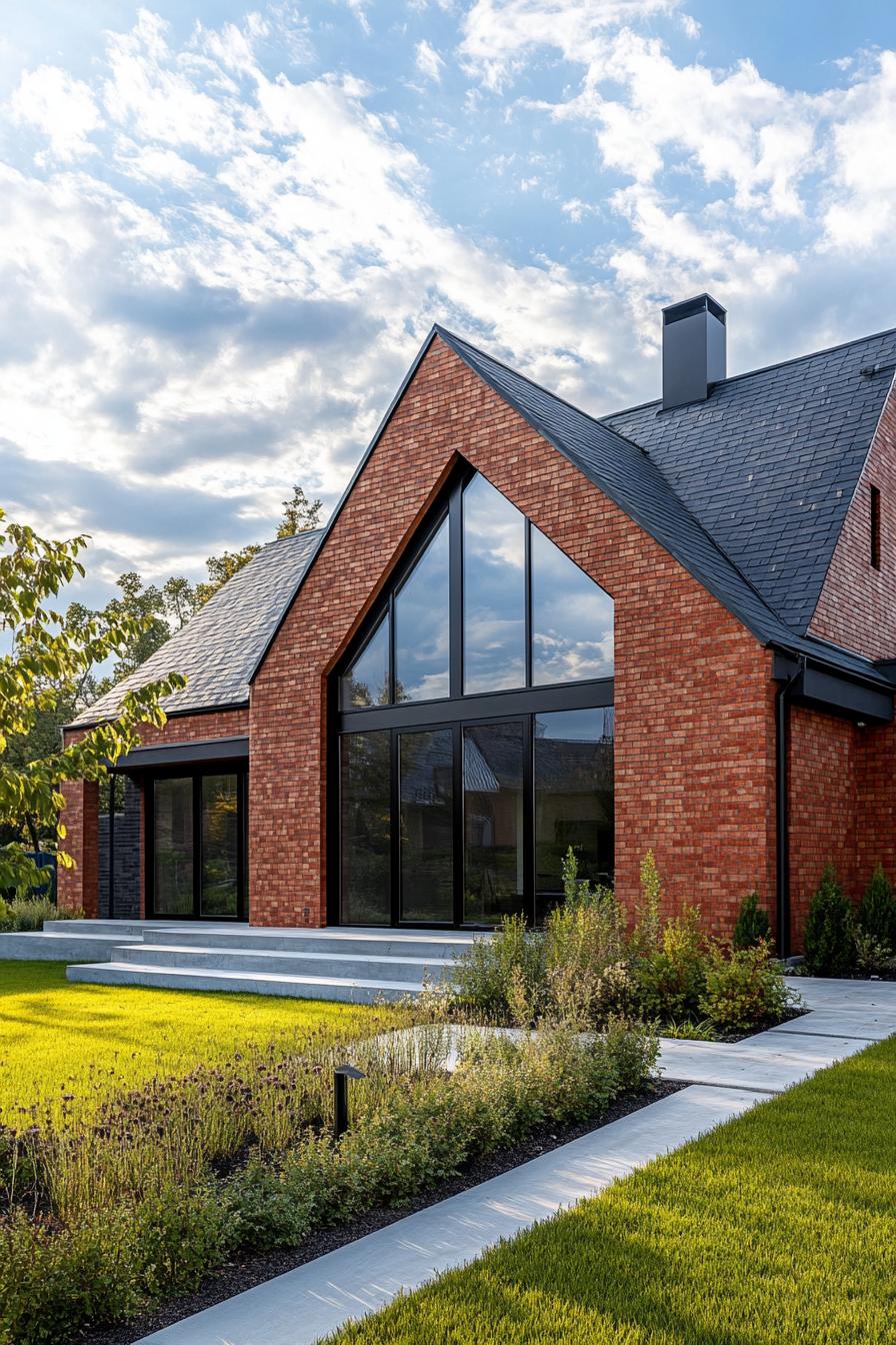 red brick village house with gabled roof large modern windows concrete paved front yard with lawn and native shrubs