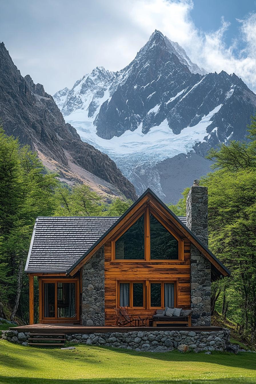 A modern cabin nestled in lush greenery and mountains