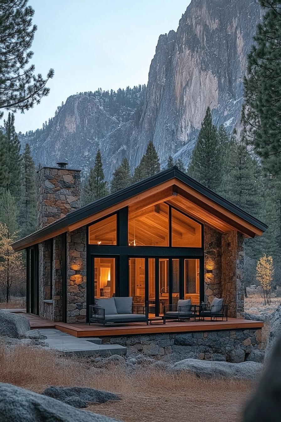 A modern cabin with large glass windows and stone walls, set against a cliffside