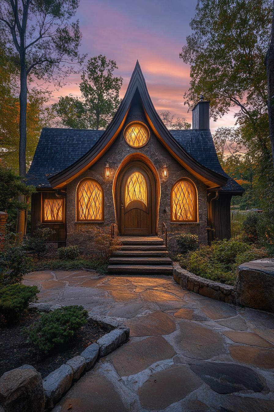 small modern vampire style cottage with arches in dusk 1