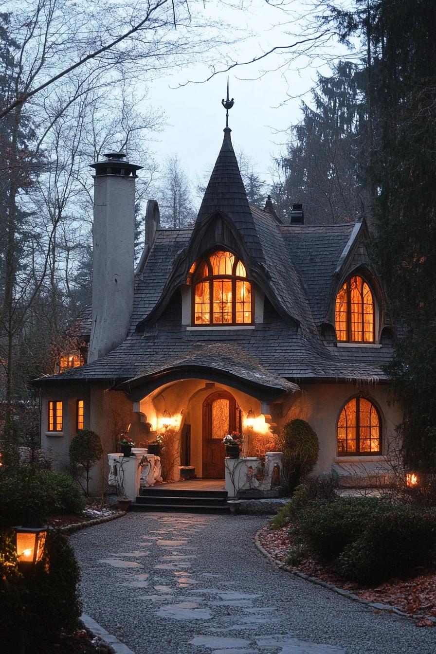 small modern vampire style cottage with arches in dusk