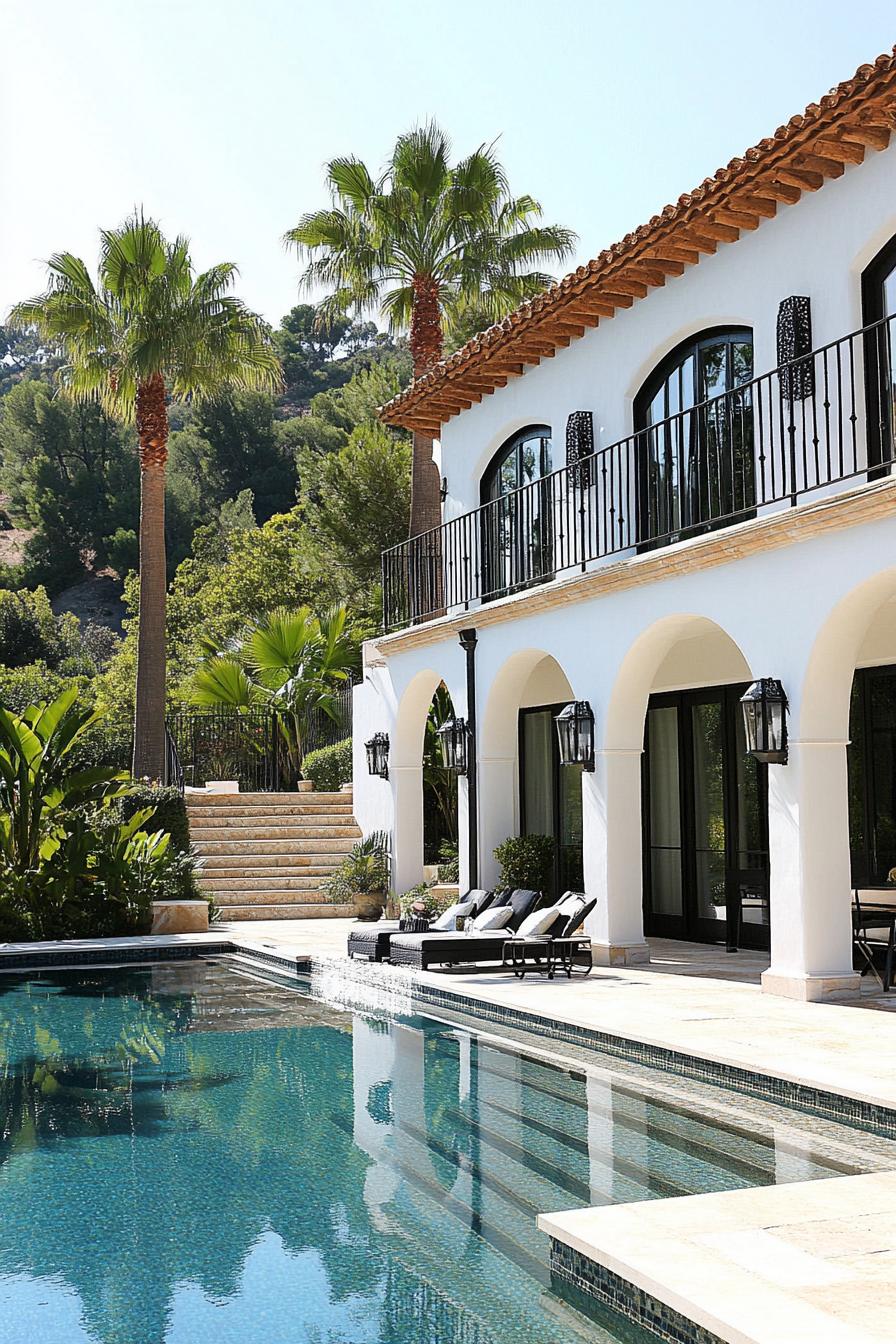 spanish villa yard with pool deck tiled in stone mosaic tile house in white stucco iron balconies arches modern windows tall palms in the yard 1