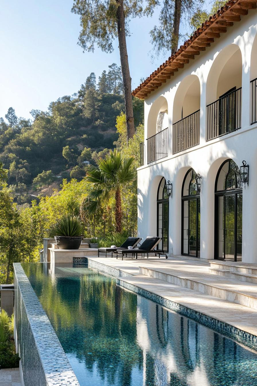 spanish villa yard with pool deck tiled in stone mosaic tile house in white stucco iron balconies arches modern windows tall palms in the yard 2