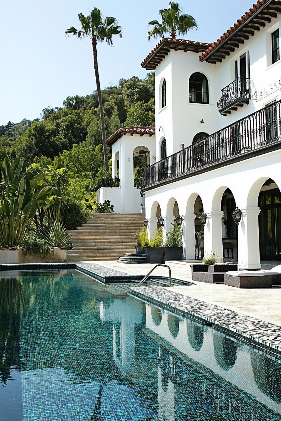 spanish villa yard with pool deck tiled in stone mosaic tile house in white stucco iron balconies arches modern windows tall palms in the yard 3