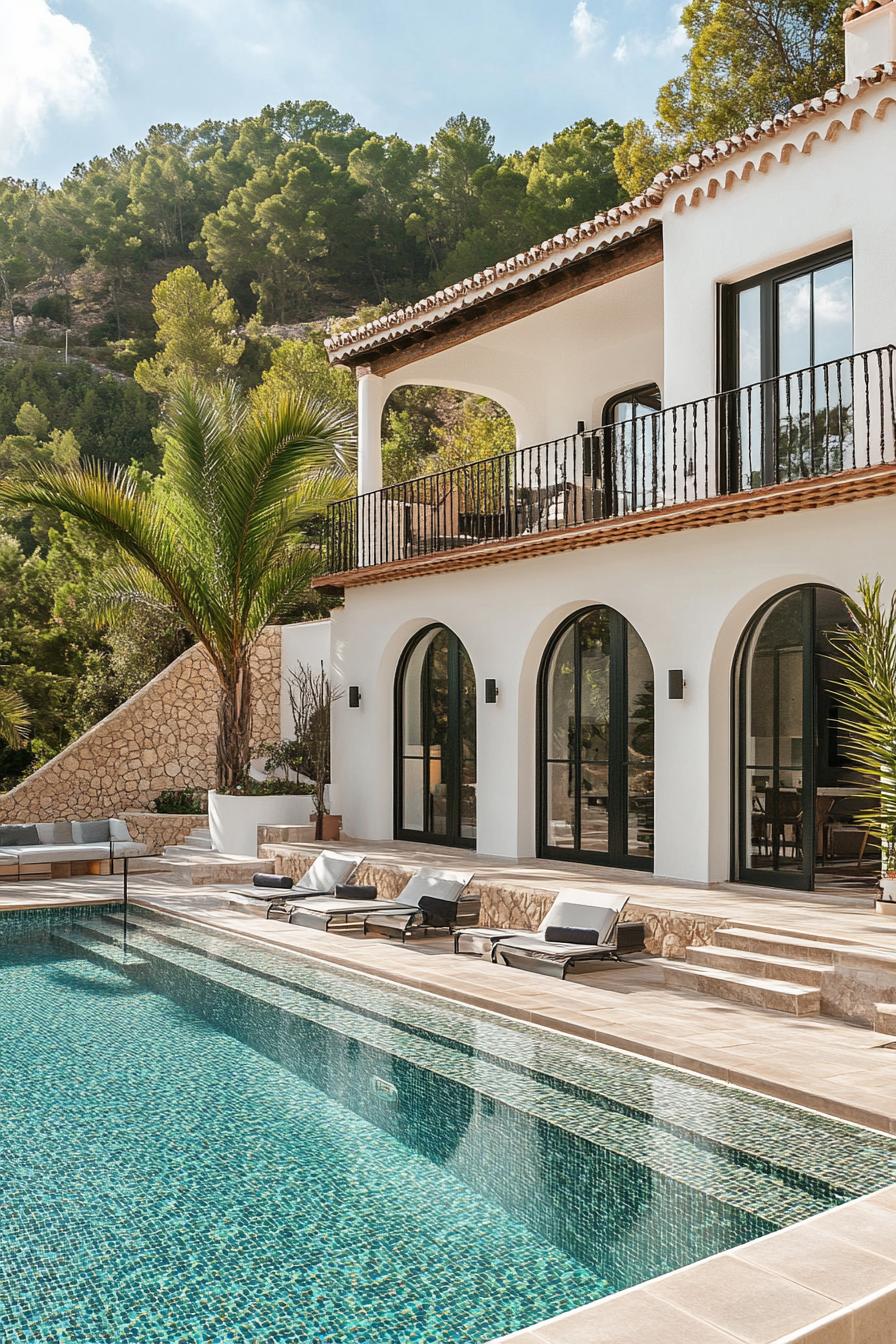 spanish villa yard with pool deck tiled in stone mosaic tile house in white stucco iron balconies arches modern windows tall palms in the yard