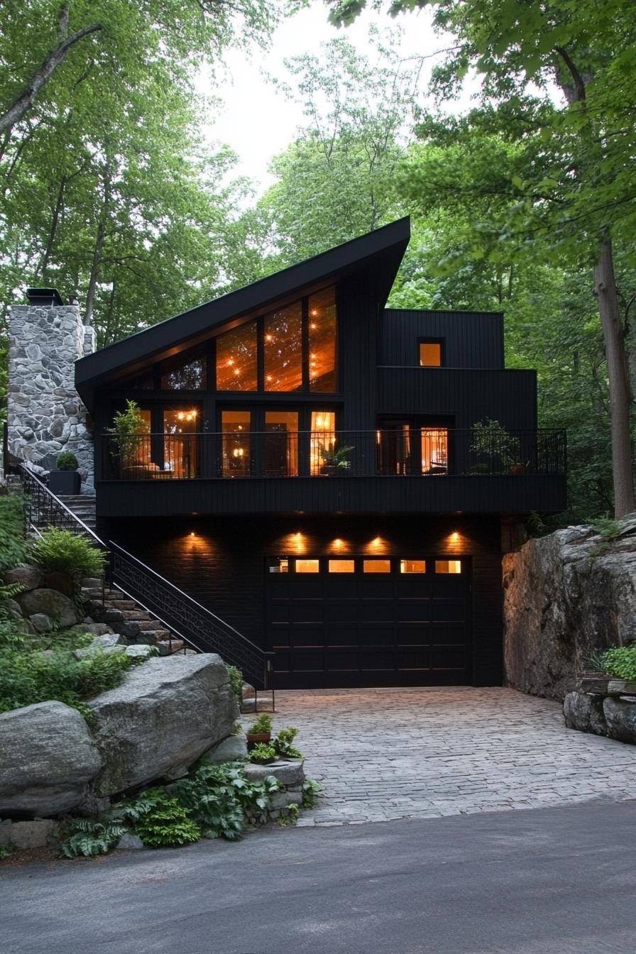 split level contemporary house in black facade and butterfly roof garage and stone paved driveway stairs with rails lead to upper floors on a 1