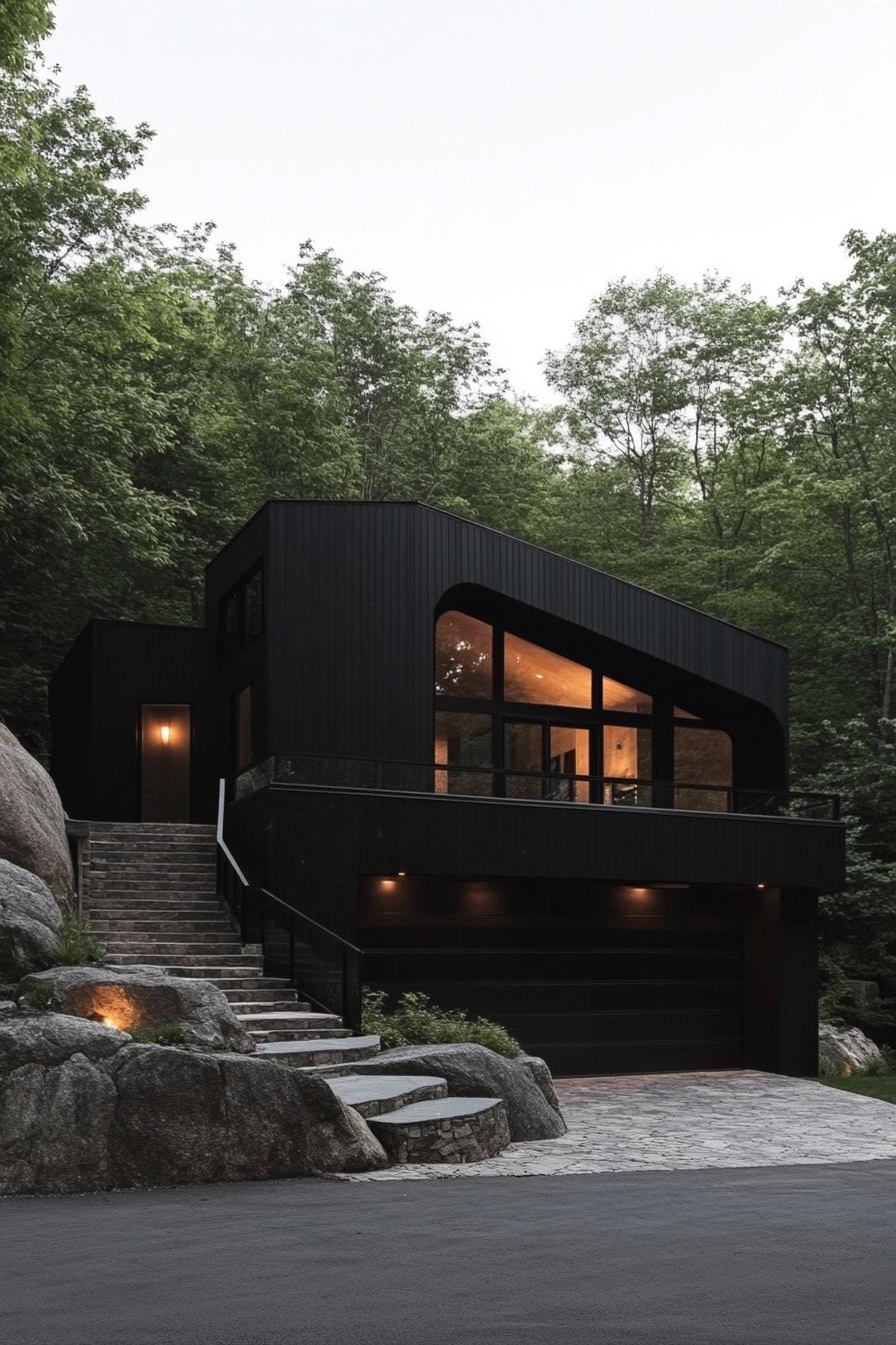 split level contemporary house in black facade and butterfly roof garage and stone paved driveway stairs with rails lead to upper floors on a