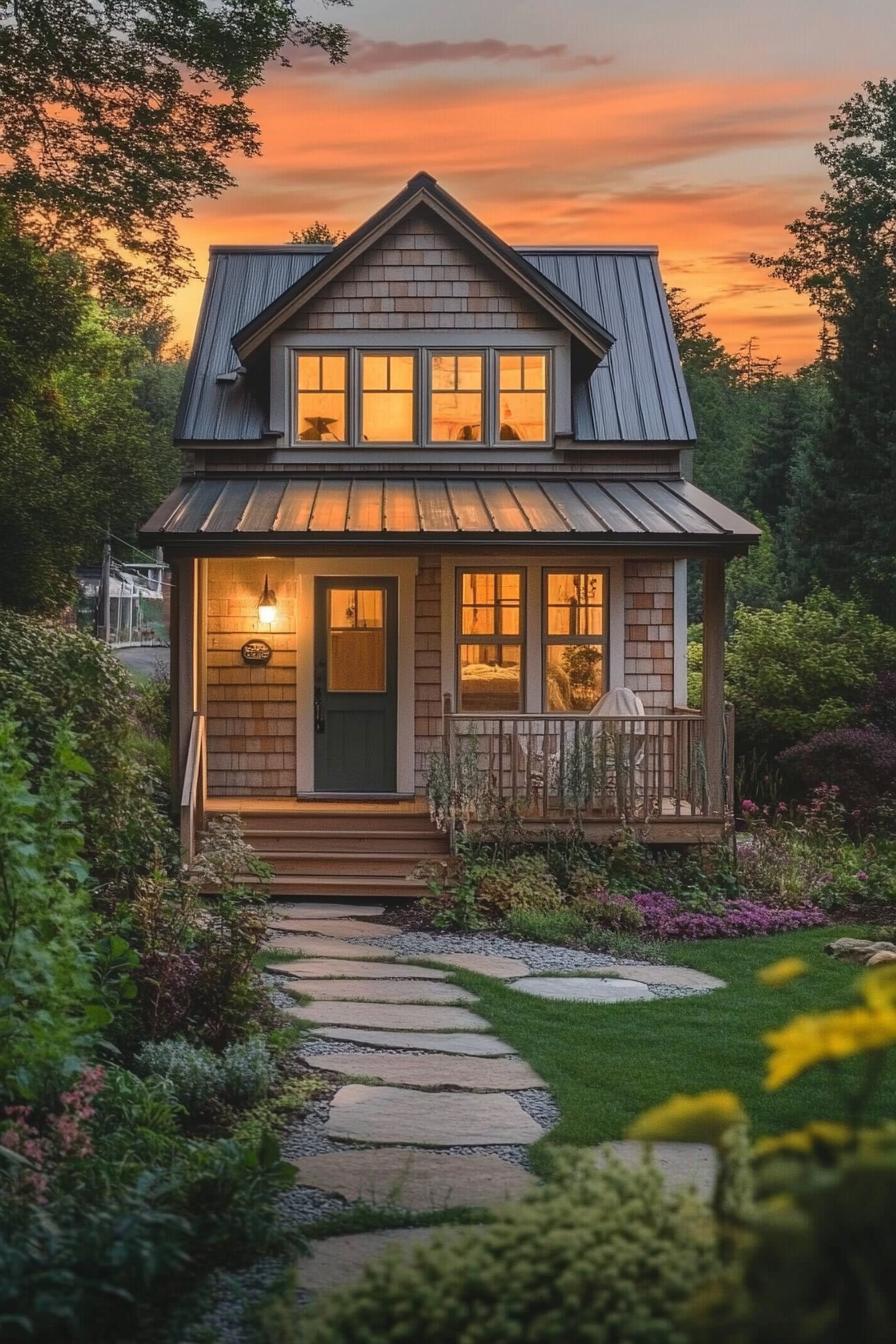 tiny luxury cottage 2 stories tiny porch clapboard siding gable metal roof front garden stunning sunset forest view down the hill 1