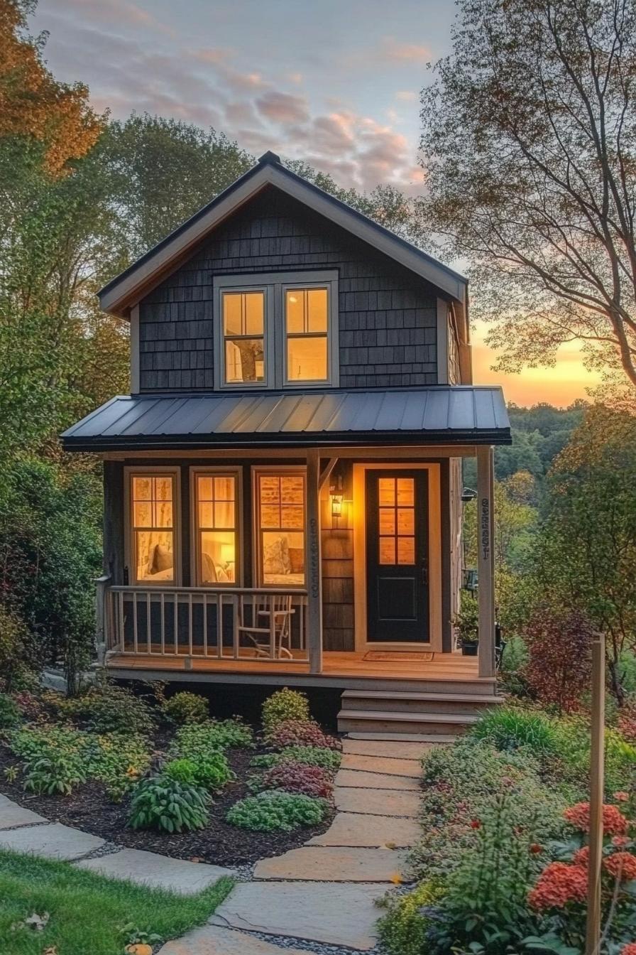 tiny luxury cottage 2 stories tiny porch clapboard siding gable metal roof front garden stunning sunset forest view down the hill 2