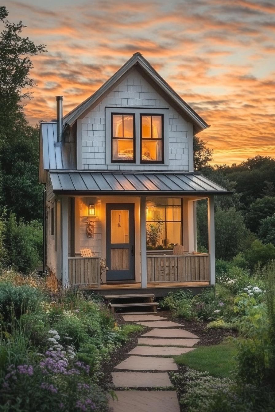 tiny luxury cottage 2 stories tiny porch clapboard siding gable metal roof front garden stunning sunset forest view down the hill