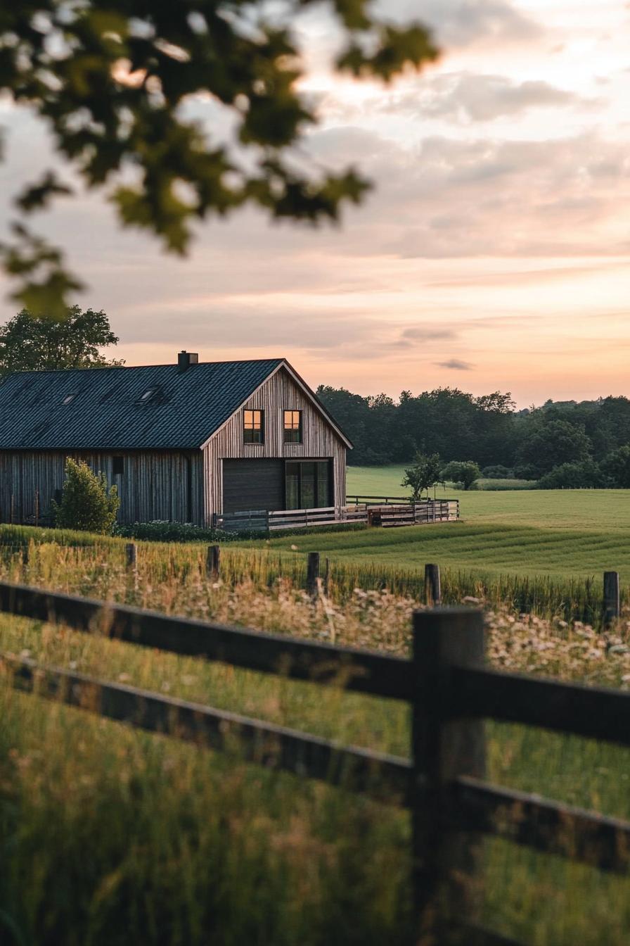 Modern wooden house nestled in tranquil countryside at sunset