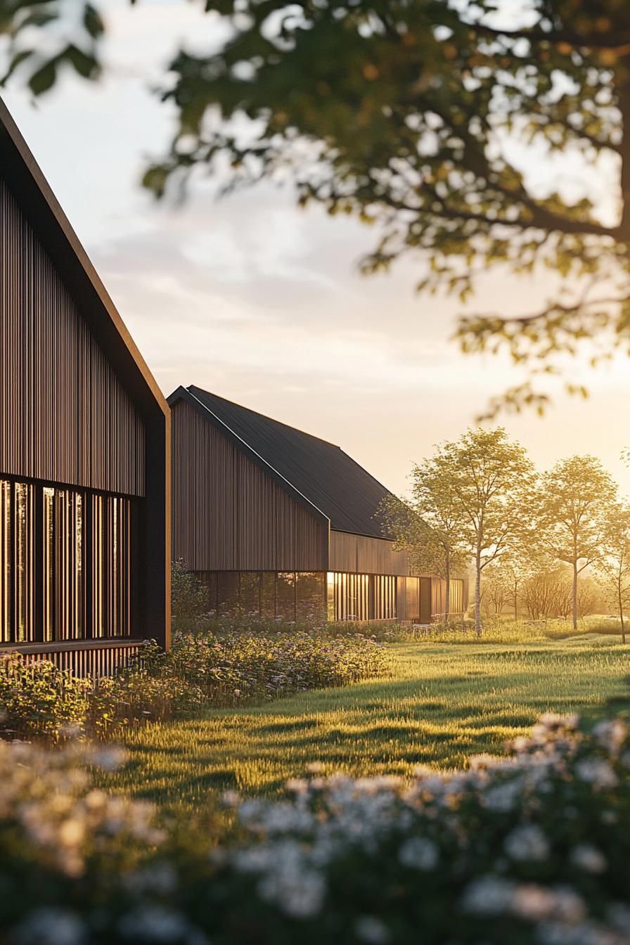 Modern Scandinavian house with large windows amidst greenery at sunset