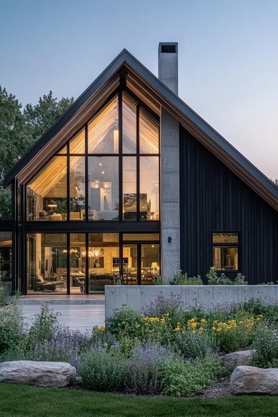 A modern barn style house with black wood cladding and concrete walls featuring large glass windows a gable roof and an exterior view with a garden