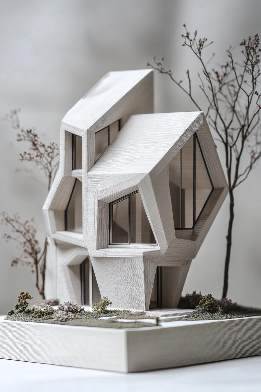 architecture model of a geometric 3D printed house with geometric windows of multiple shapes v 6.1