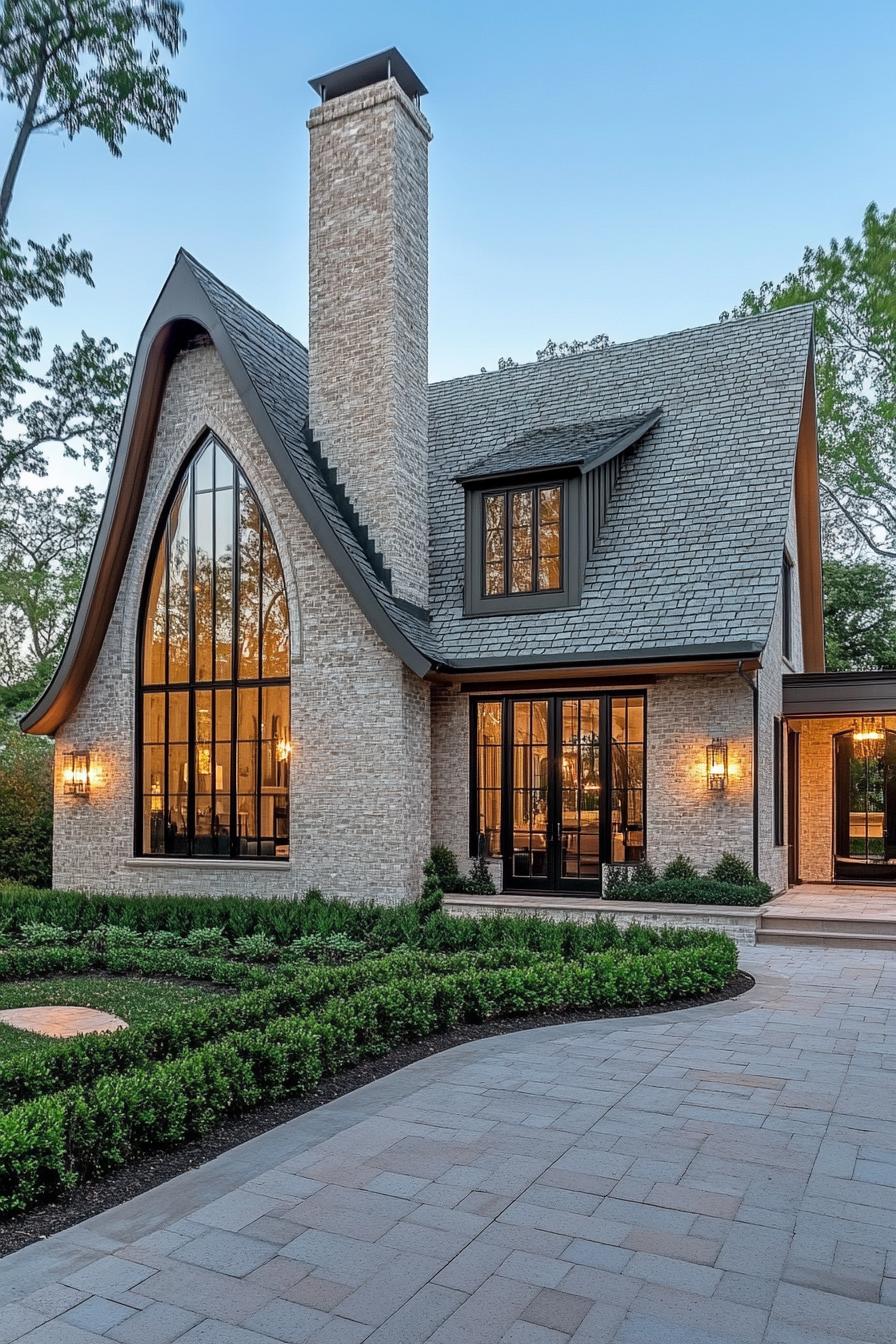 contemporary cottage style house with multi pitch roof chimney limestone brick siding arched modern windows arched front door large tile paved 1