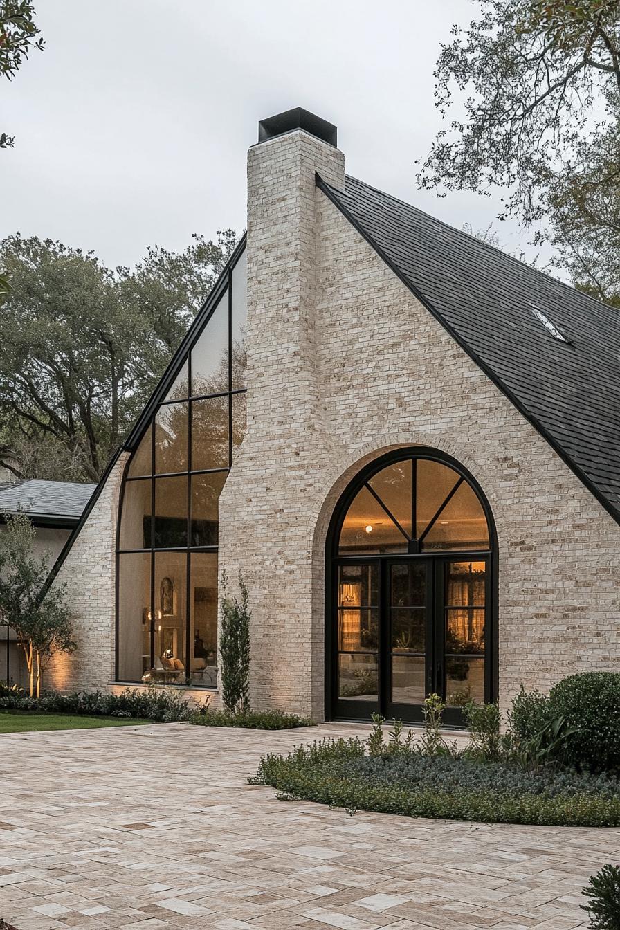 contemporary cottage style house with multi pitch roof chimney limestone brick siding arched modern windows arched front door large tile paved 2