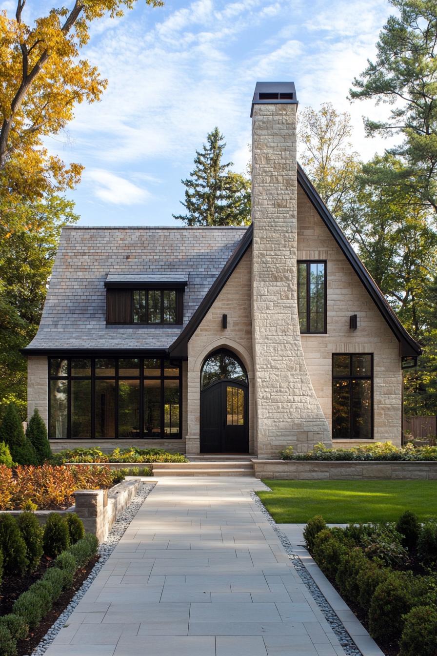 contemporary cottage style house with multi pitch roof chimney limestone brick siding arched modern windows arched front door large tile paved 3