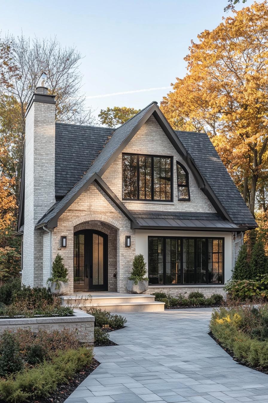 contemporary cottage style house with multi pitch roof chimney limestone brick siding arched modern windows arched front door large tile paved