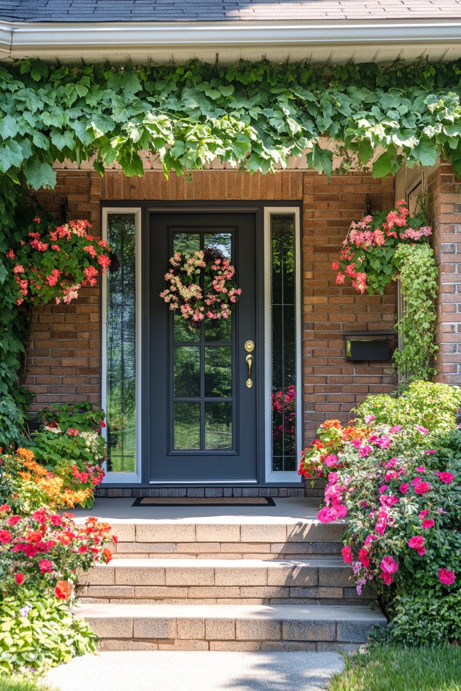 countryside brick cottage front porch with lush flower bushes and flower vines on facade modern door with glass panels 1