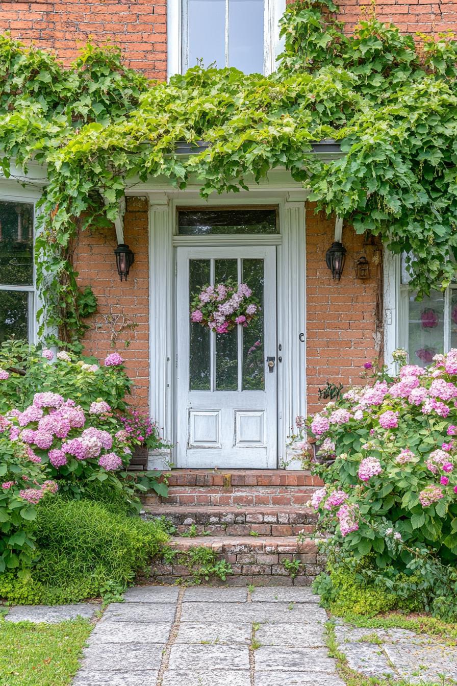 countryside brick cottage front porch with lush flower bushes and flower vines on facade modern door with glass panels 2