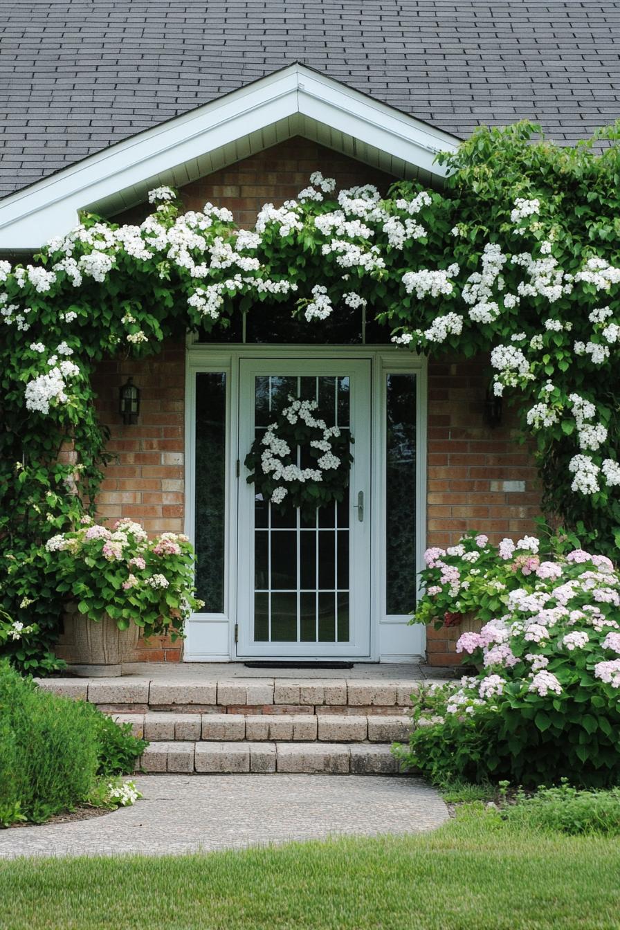 countryside brick cottage front porch with lush flower bushes and flower vines on facade modern door with glass panels 3