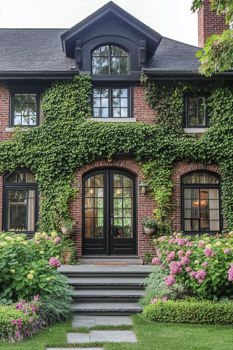 countryside brick cottage front porch with lush flower bushes and flower vines on facade modern door with glass panels