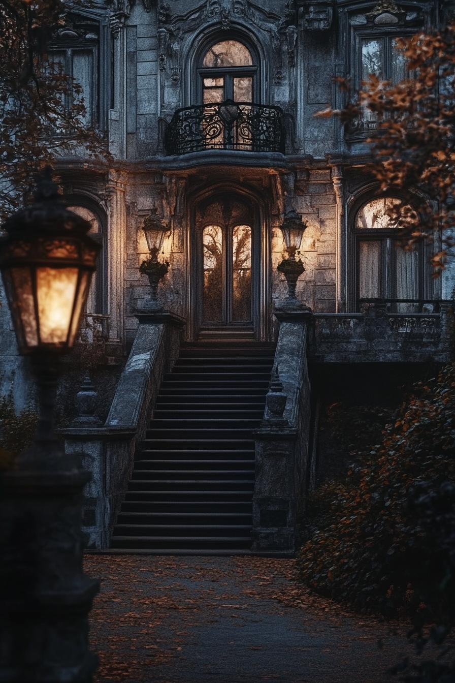 dark Vicotiran gothic mansion with large stairs vintage lamps autumn dusk scene