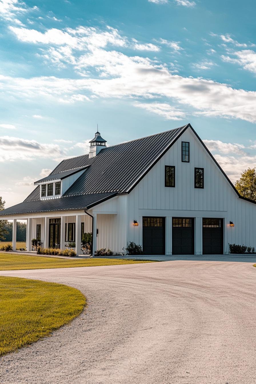 full frontal view of large white shouse barndominium with black roof one side has modern windows and doors the other side has large garage doors 1