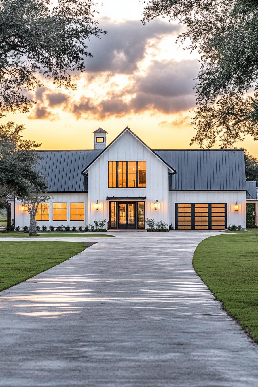 full frontal view of large white shouse barndominium with black roof one side has modern windows and doors the other side has large garage doors