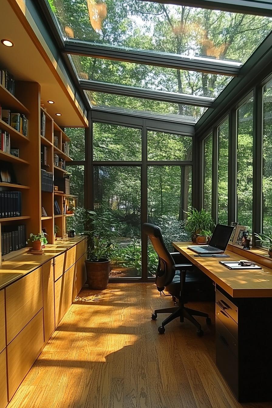 Glass-walled office nook with leafy views