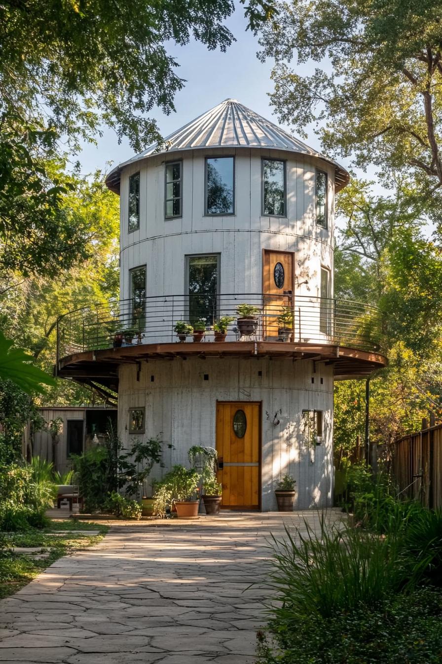 grain silo converted into a home wraparound porch and balcony paved yard trees in the background 1