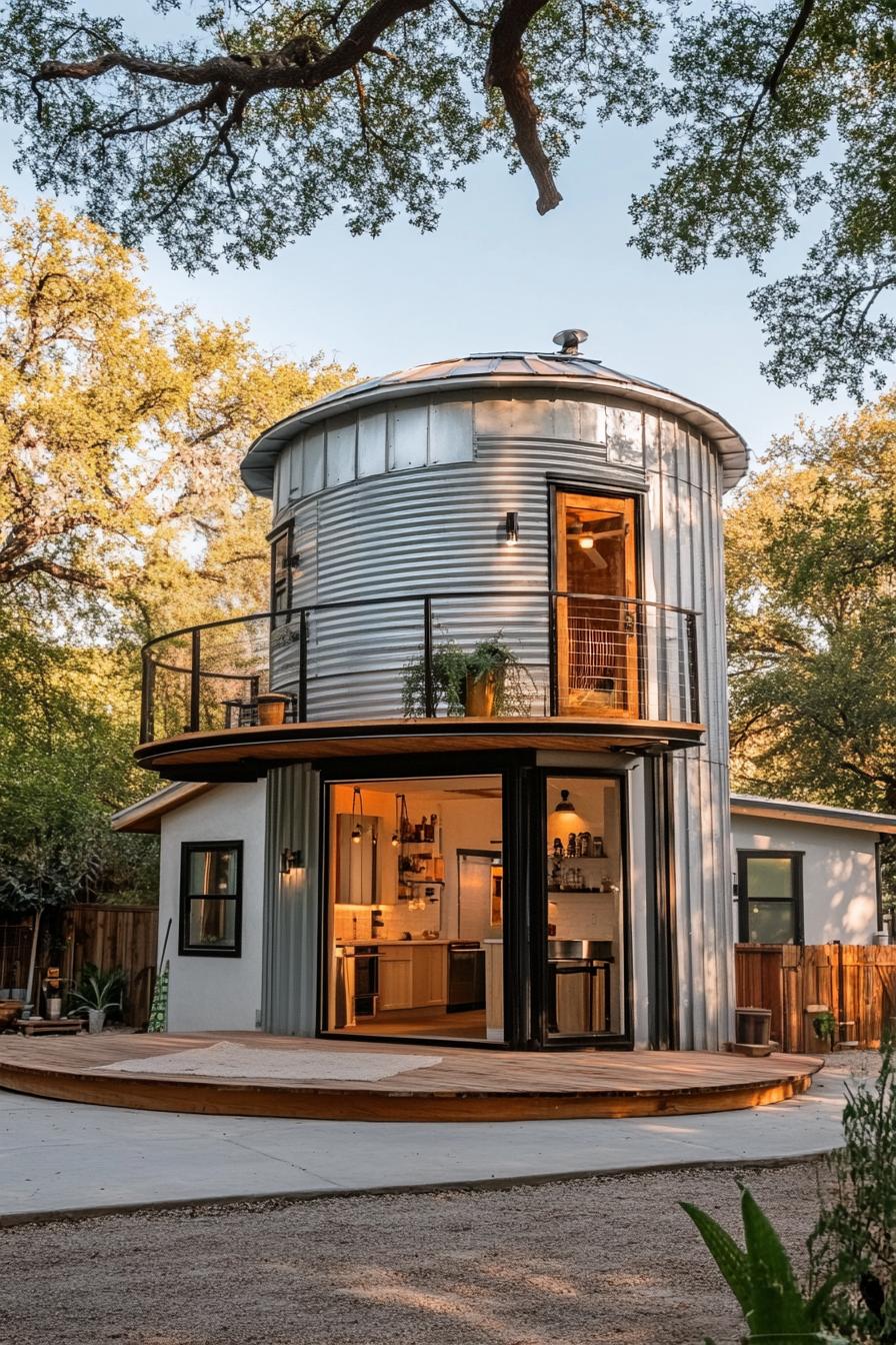 grain silo converted into a home wraparound porch and balcony paved yard trees in the background