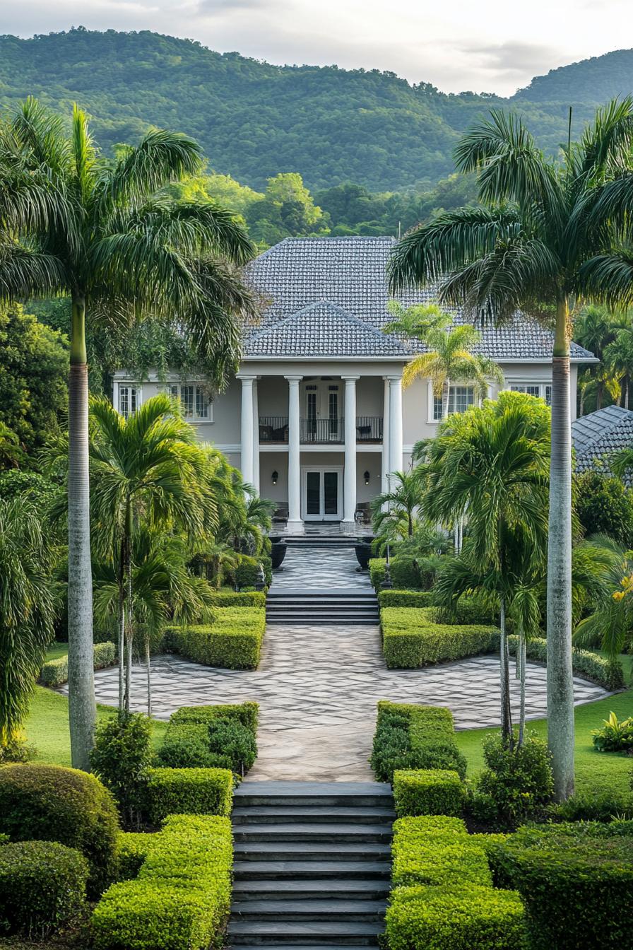 high angle view of Georgien style manor with grey roof facade with columns large front garden with geometric shrubs tall palms and paven paths with 1