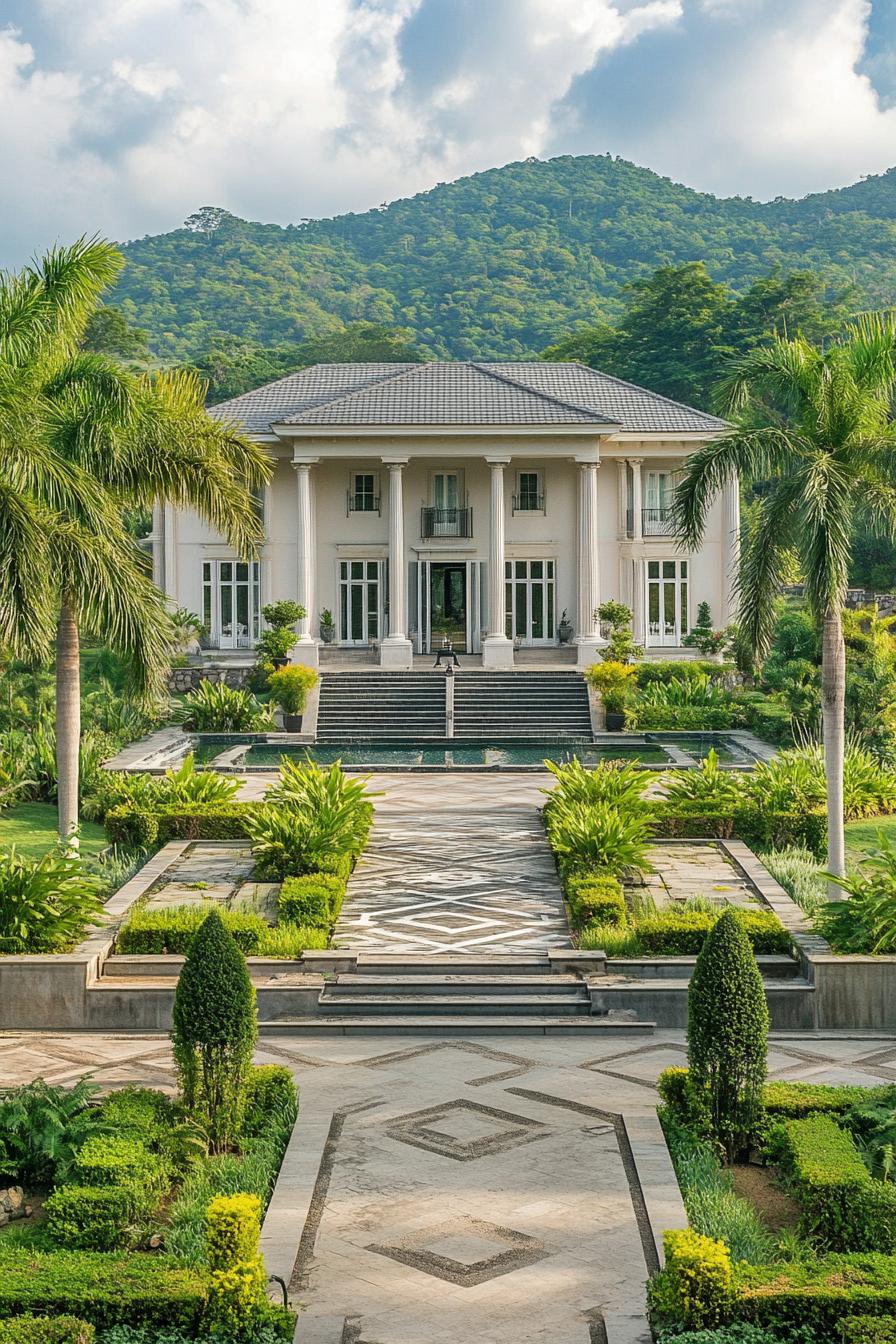 high angle view of Georgien style manor with grey roof facade with columns large front garden with geometric shrubs tall palms and paven paths with 2