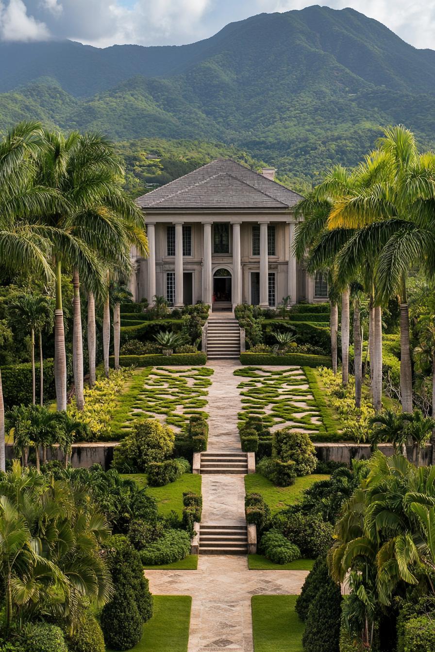 high angle view of Georgien style manor with grey roof facade with columns large front garden with geometric shrubs tall palms and paven paths with