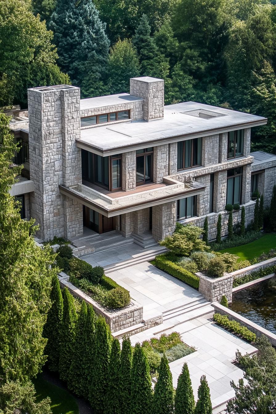 high angle view of a large modern mansions with stone siding the building is constructed from geometric blocks some blocks are tall and narrow it 1