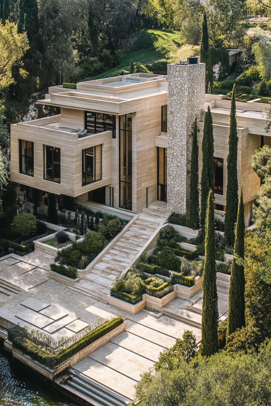 high angle view of a large modern mansions with stone siding the building is constructed from geometric blocks some blocks are tall and narrow it 2