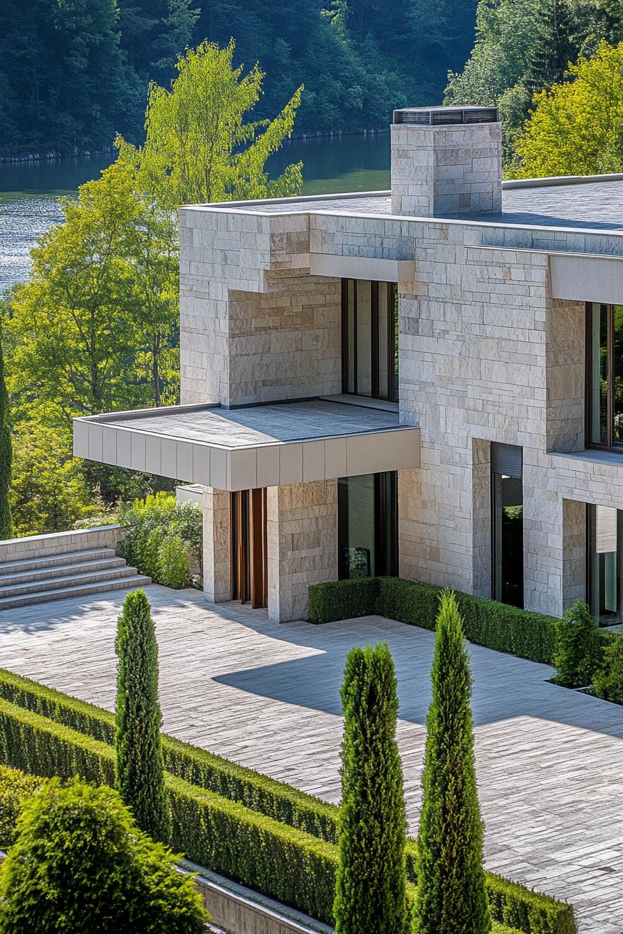 high angle view of a large modern mansions with stone siding the building is constructed from geometric blocks some blocks are tall and narrow it 3