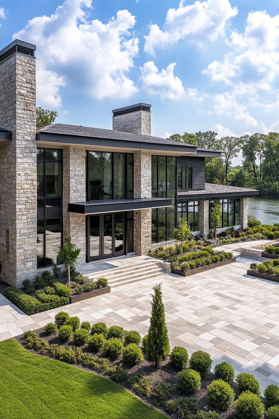 high angle view of a large modern mansions with stone siding the building is constructed from geometric blocks some blocks are tall and narrow it