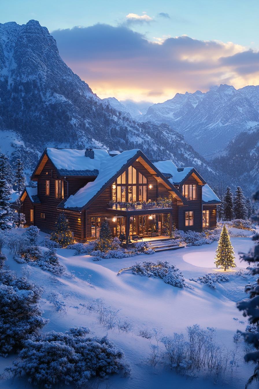 high angle view of a mountain mansion in a valley of mountains in winter with lots of snow the mansion has wooden siding large modern windows multi 1