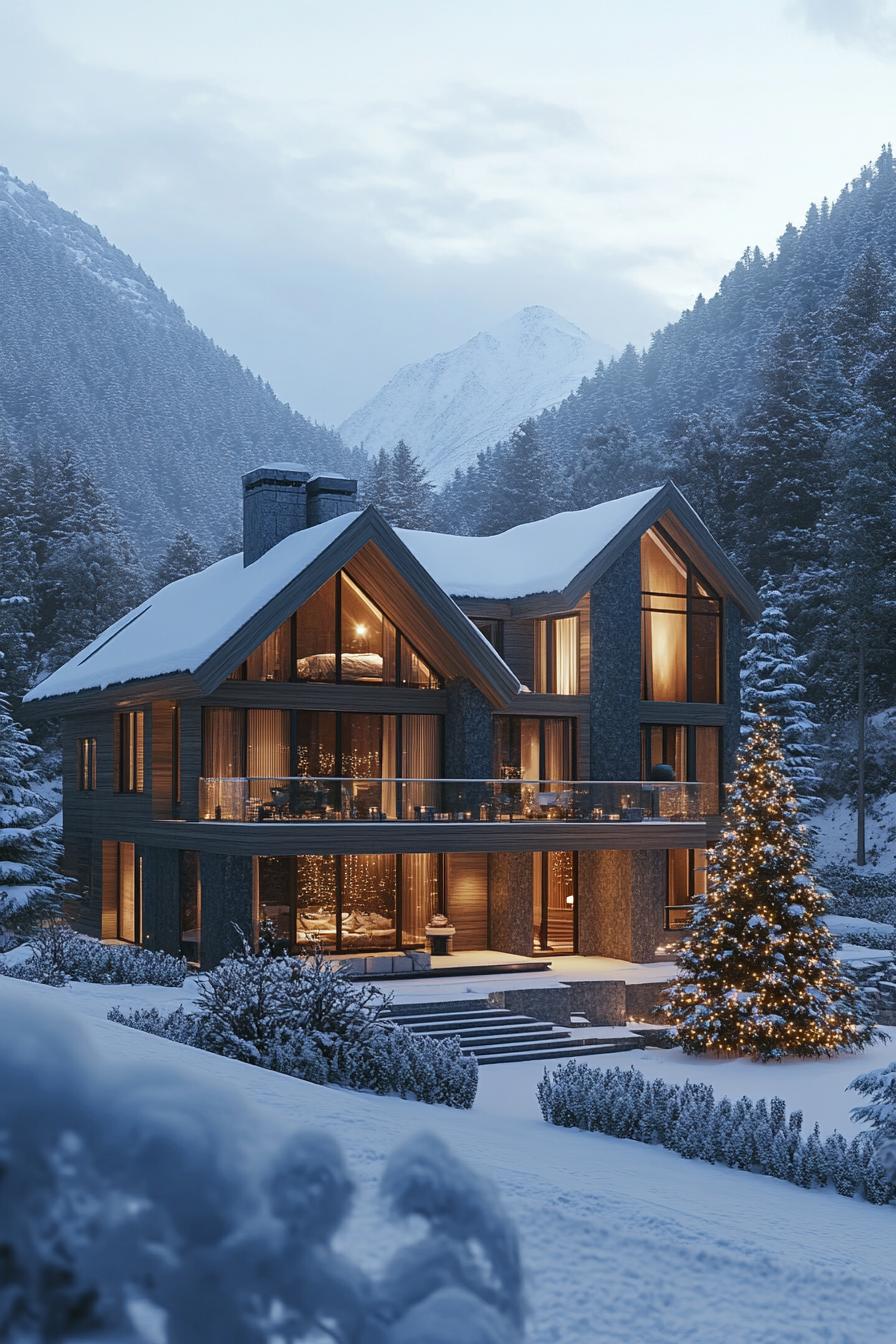 high angle view of a mountain mansion in a valley of mountains in winter with lots of snow the mansion has wooden siding large modern windows multi 2