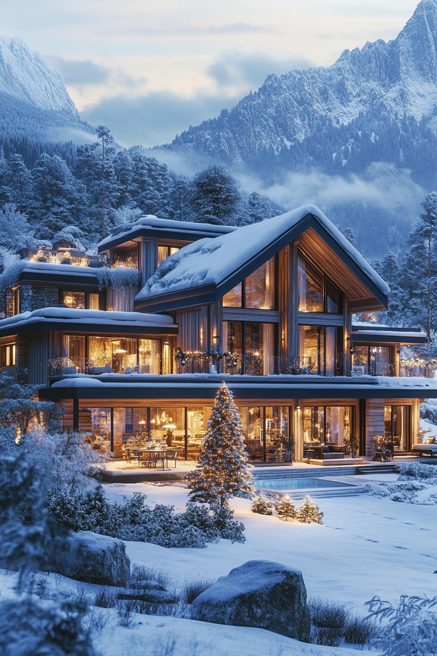 high angle view of a mountain mansion in a valley of mountains in winter with lots of snow the mansion has wooden siding large modern windows multi 3