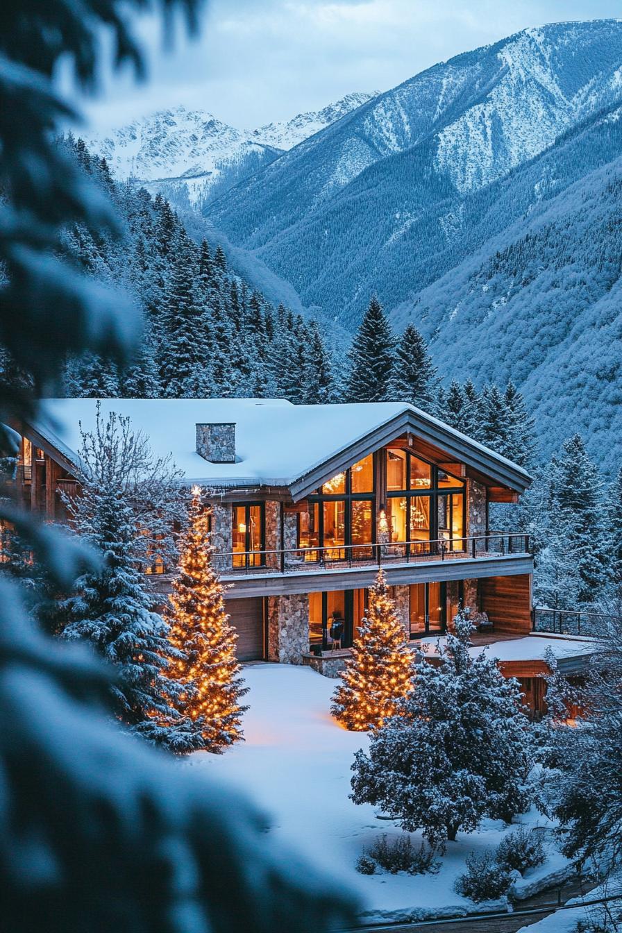 high angle view of a mountain mansion in a valley of mountains in winter with lots of snow the mansion has wooden siding large modern windows multi