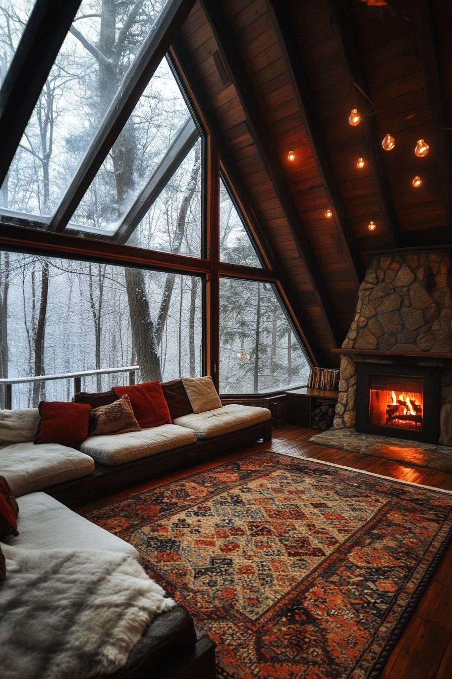 interior of a frame cabin in the woods full glass windows darkwood interior fireplace hardwood floor with pattern area rug sectional sofa with 1